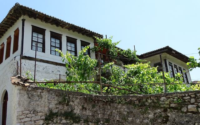 Witte Ottomaanse huizen van Berat tegen de heuvel in Albanië